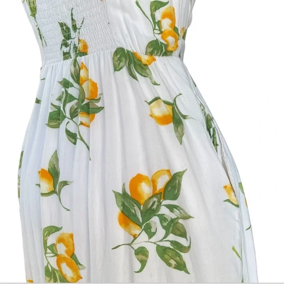 White Lemon Print Tie Front Noodle Strap A-line Mini Dress - Picture 5 of 16